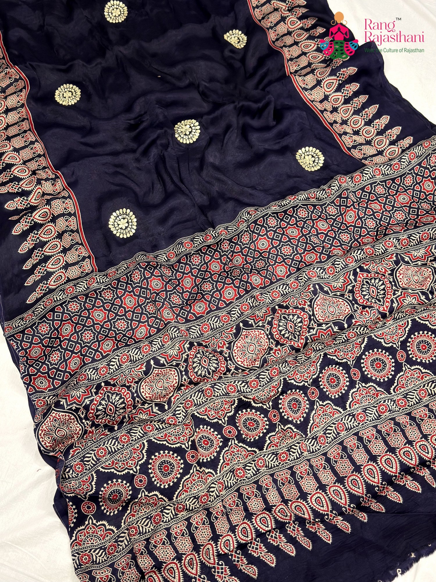 Blue Modal Ajrakh Print Saree for Casual | Party Wear
