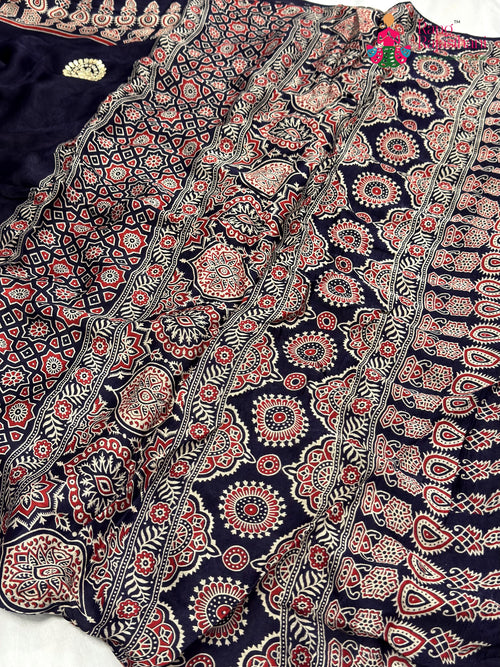 Blue Modal Ajrakh Print Saree for Casual | Party Wear