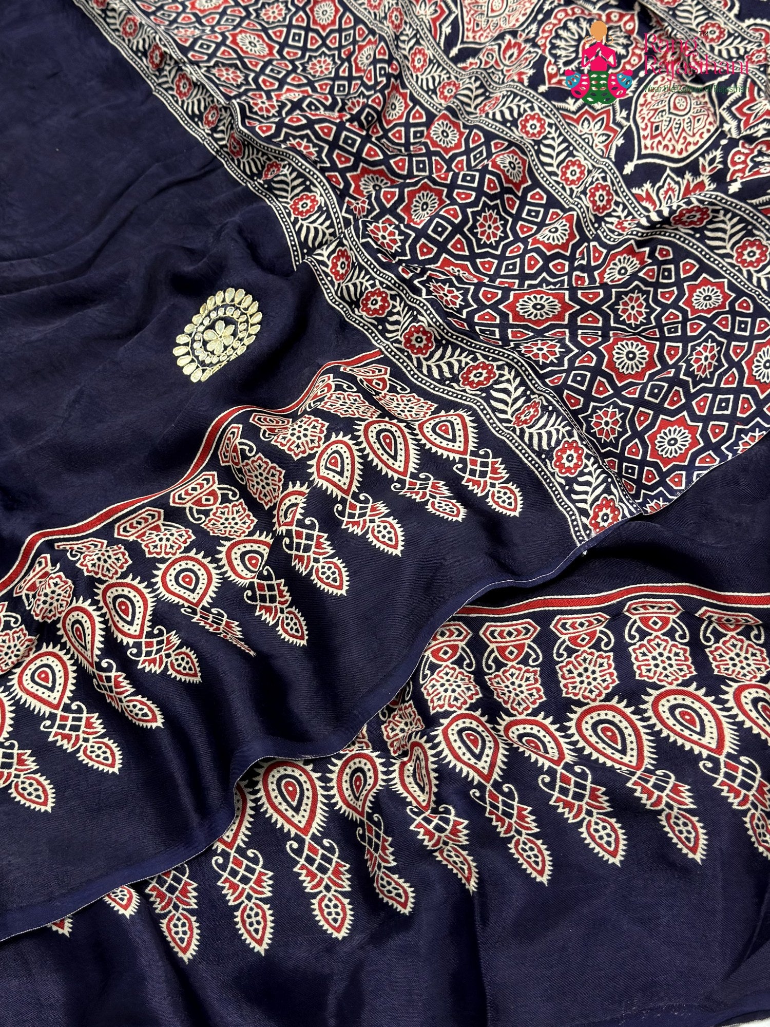 Blue Modal Ajrakh Print Saree for Casual | Party Wear