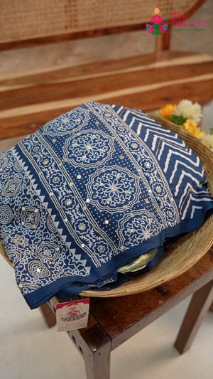 Blue Modal Ajrakh Print Leheriya Saree for Raksha Bandhan | Buy Today