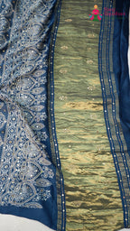 pallu detailing of blue modal ajrakh print leheriya saree