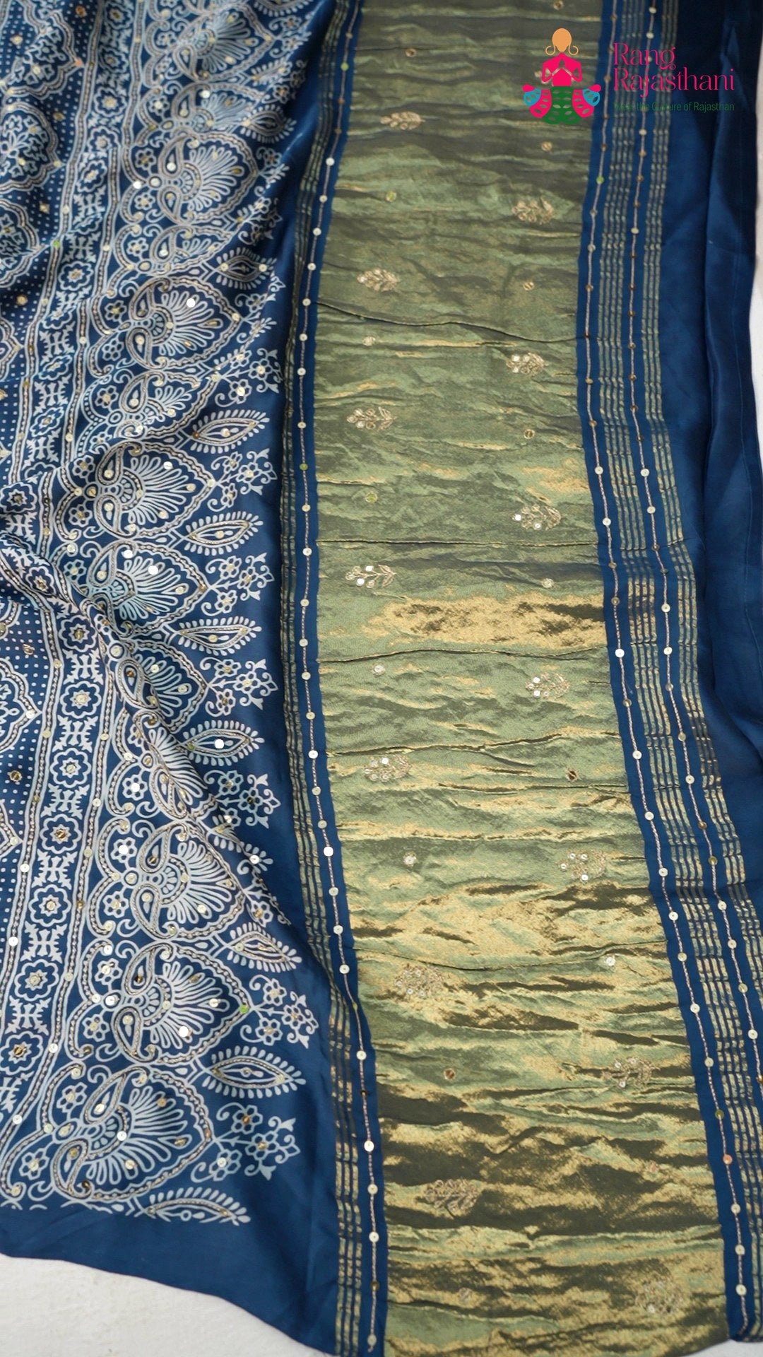 pallu detailing of blue modal ajrakh print leheriya saree