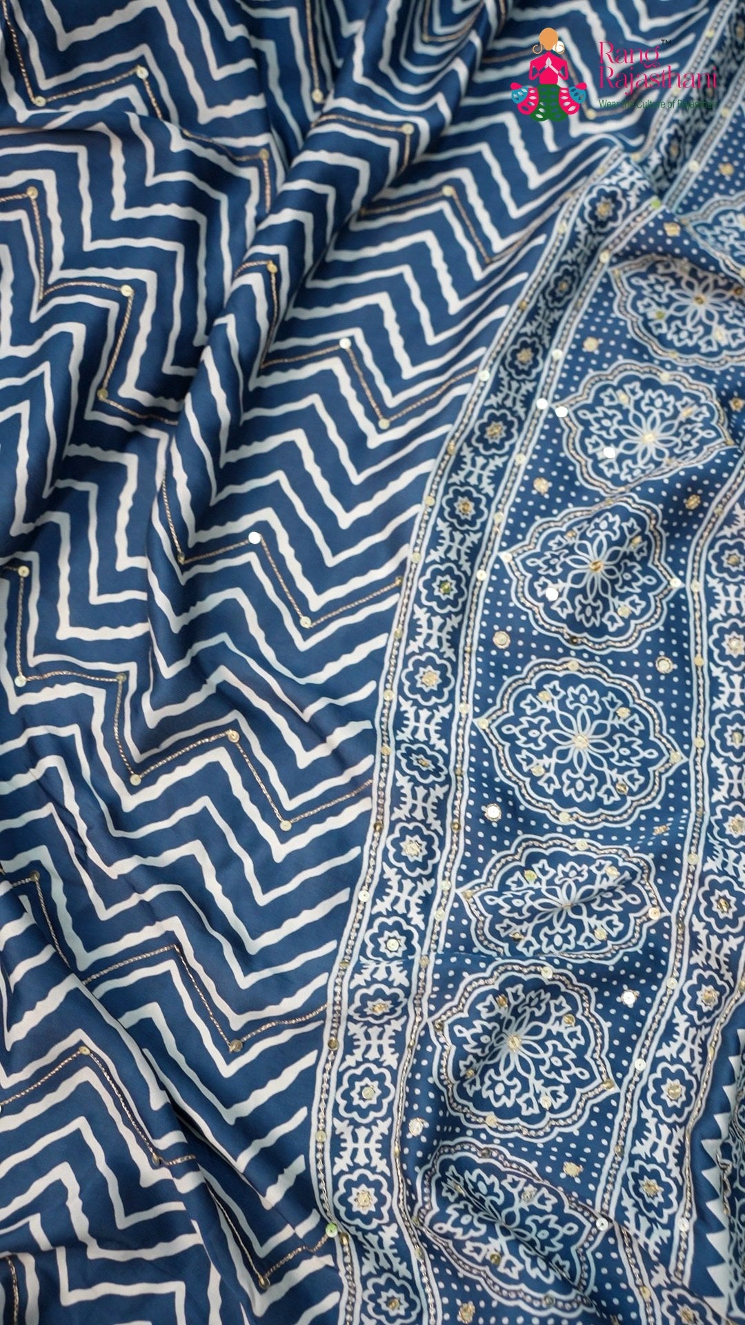 design pattern of blue modal ajrakh print leheriya saree