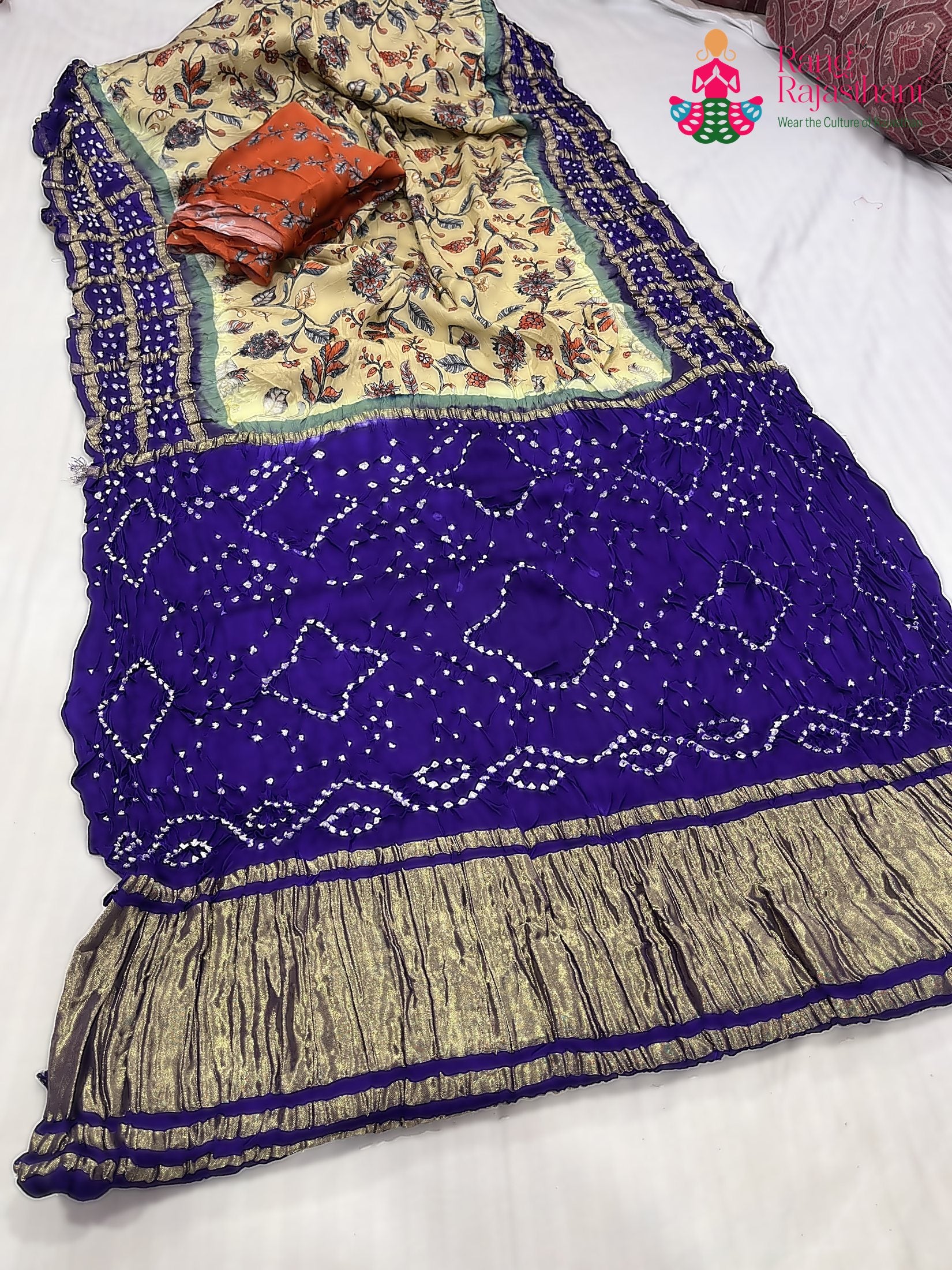 blue modal ajrakh print saree for festive celebration by Rang Rajasthani