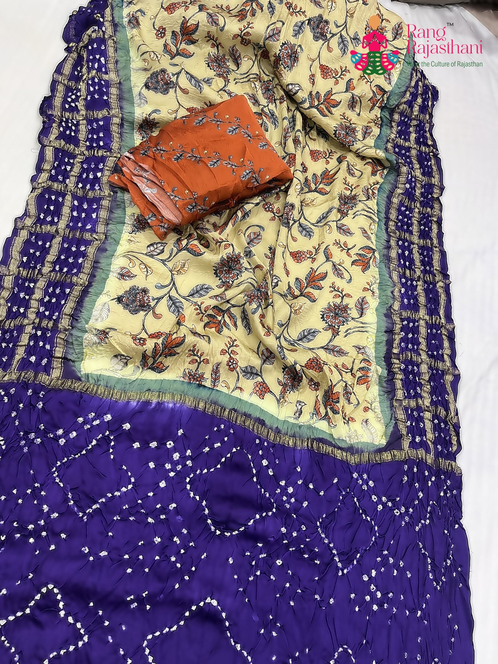 complete look of blue modal ajrakh print saree