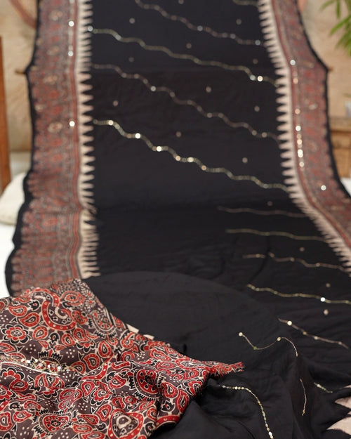 Black Modal Ajrakh Print Saree for Wedding Reception | Shop Now