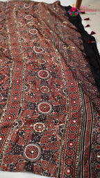 design pattern of blue modal ajrakh print saree