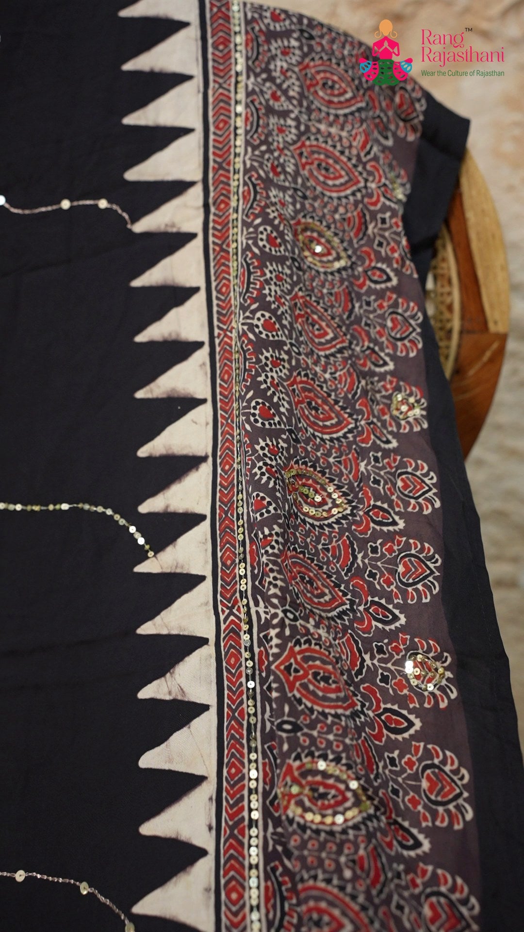 close up view of blue modal ajrakh print saree