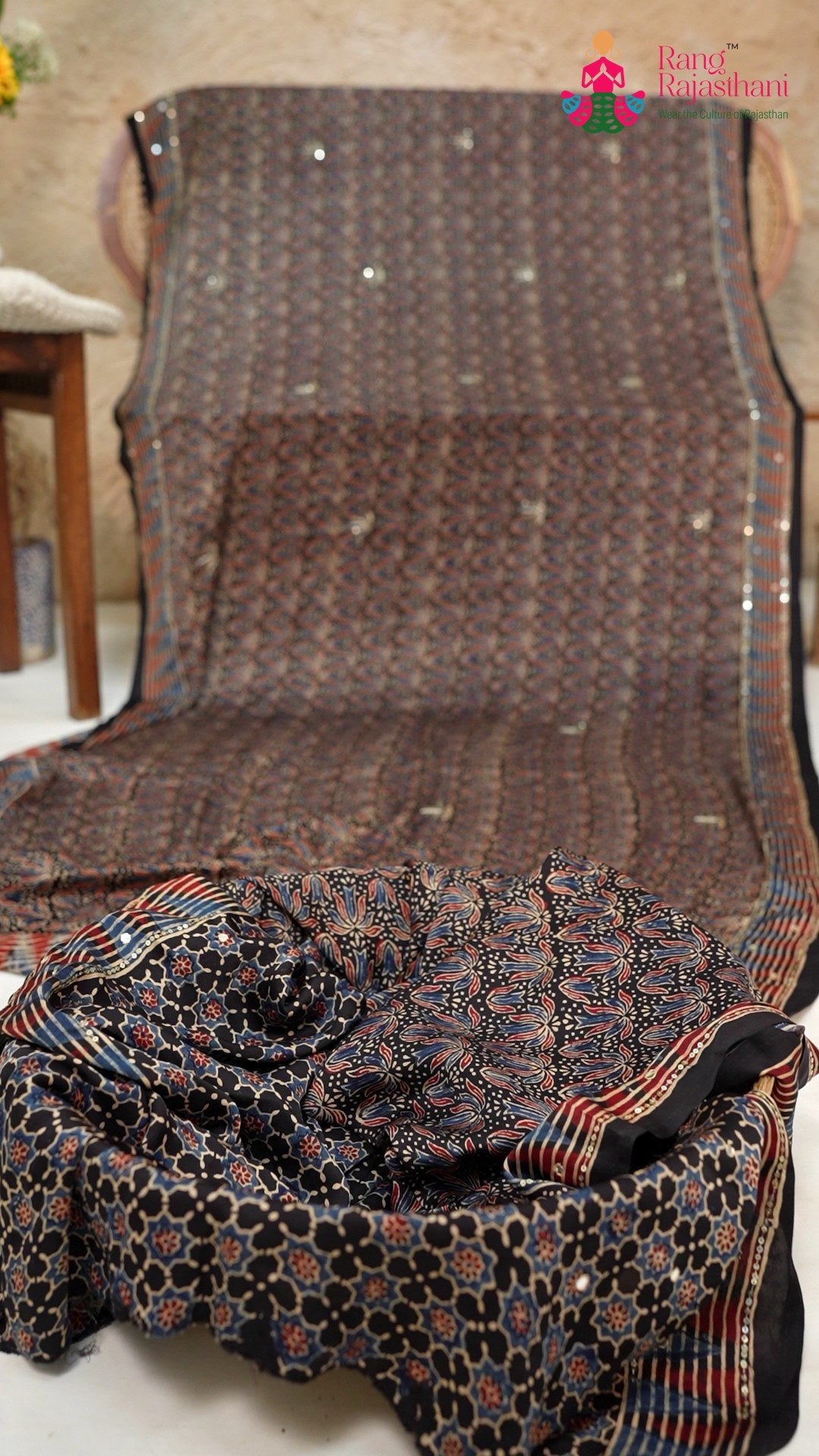 pallu detailing of blue modal ajrakh print saree