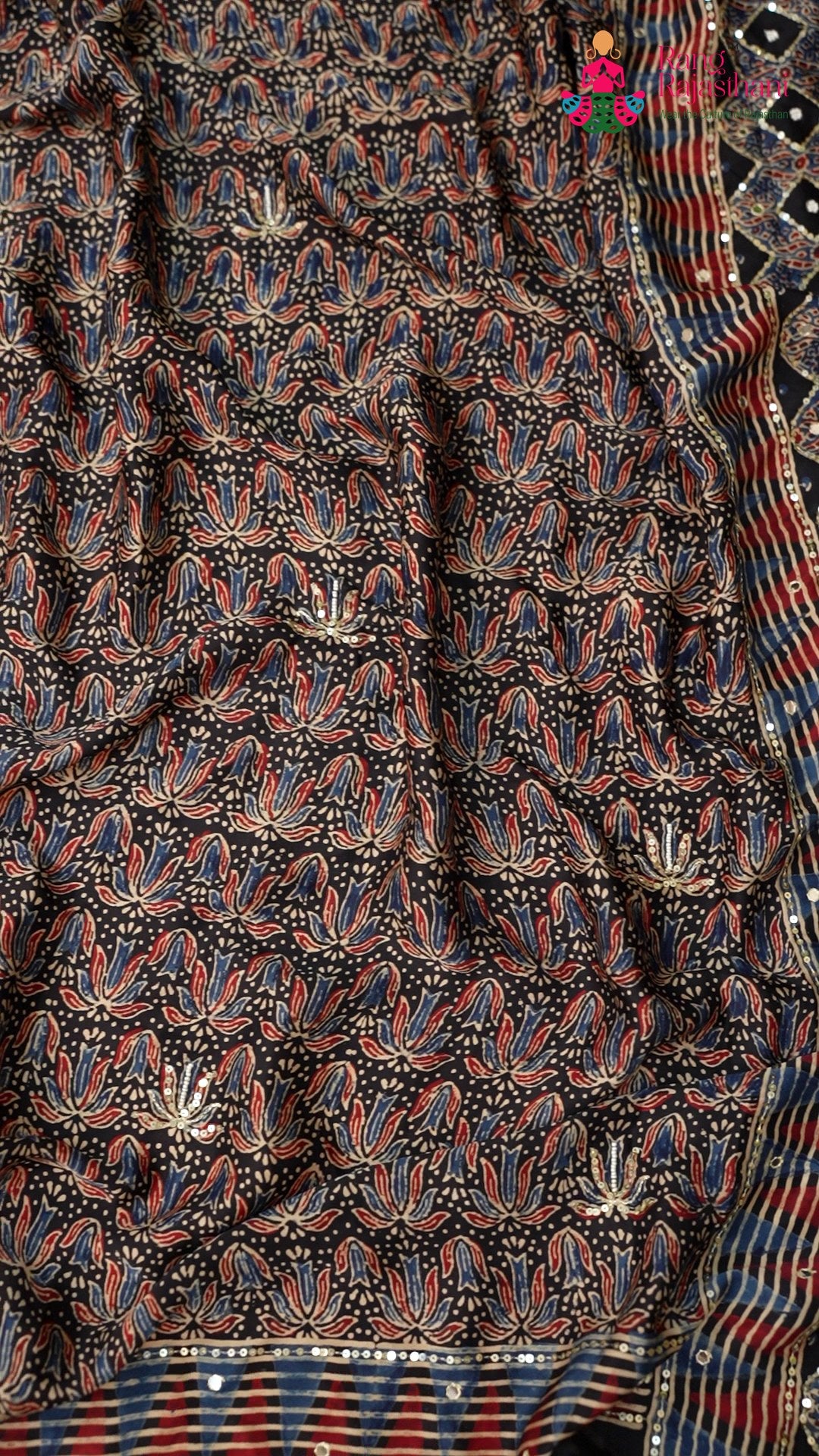 design pattern of blue modal ajrakh print saree