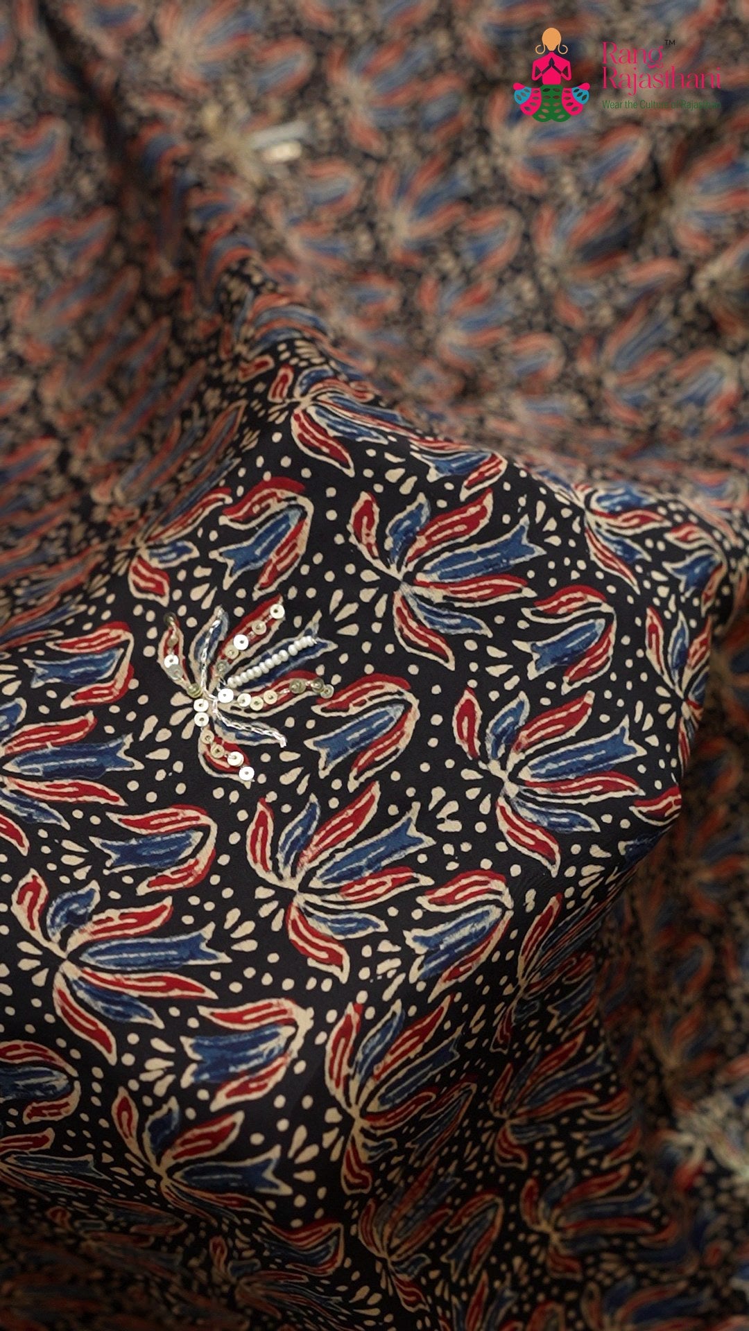 close up view of blue modal ajrakh print saree