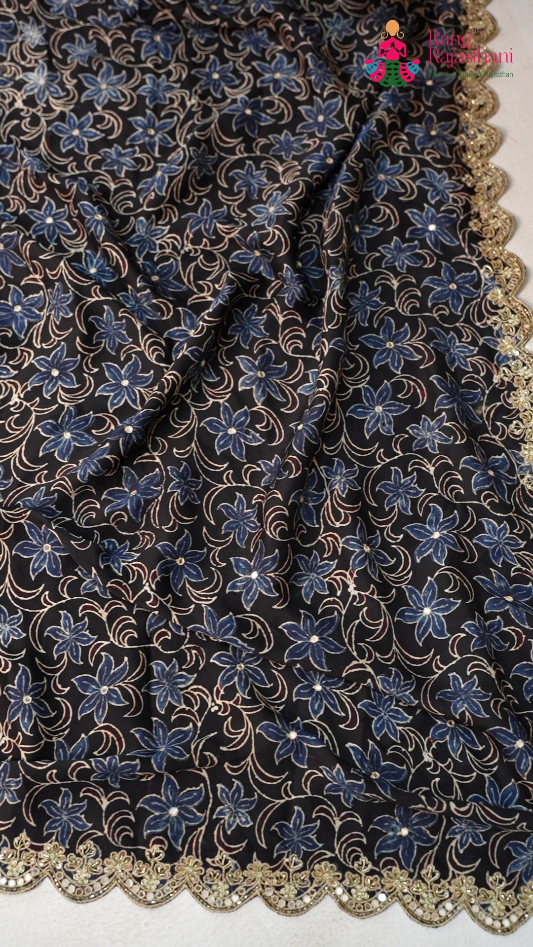 border detail of blue modal ajrakh print saree