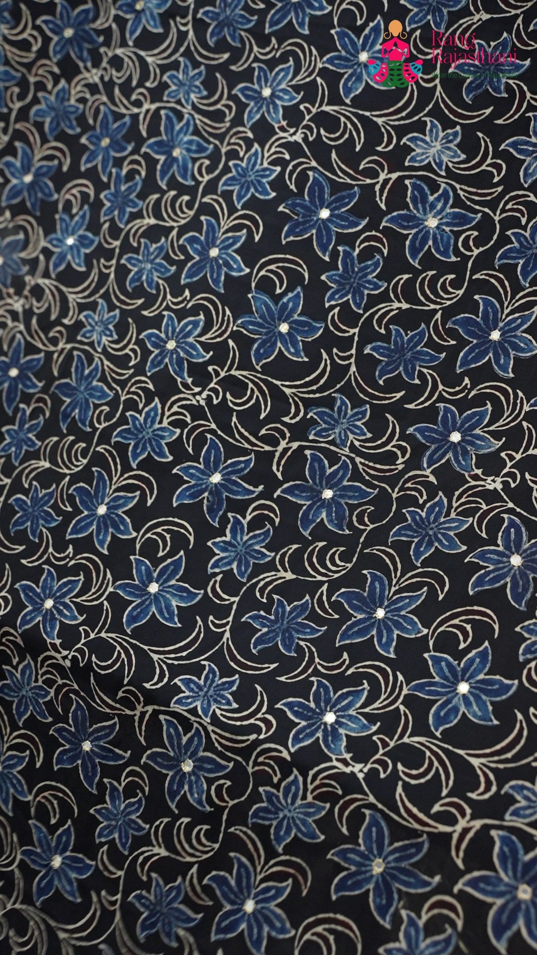 design pattern of blue modal ajrakh print saree