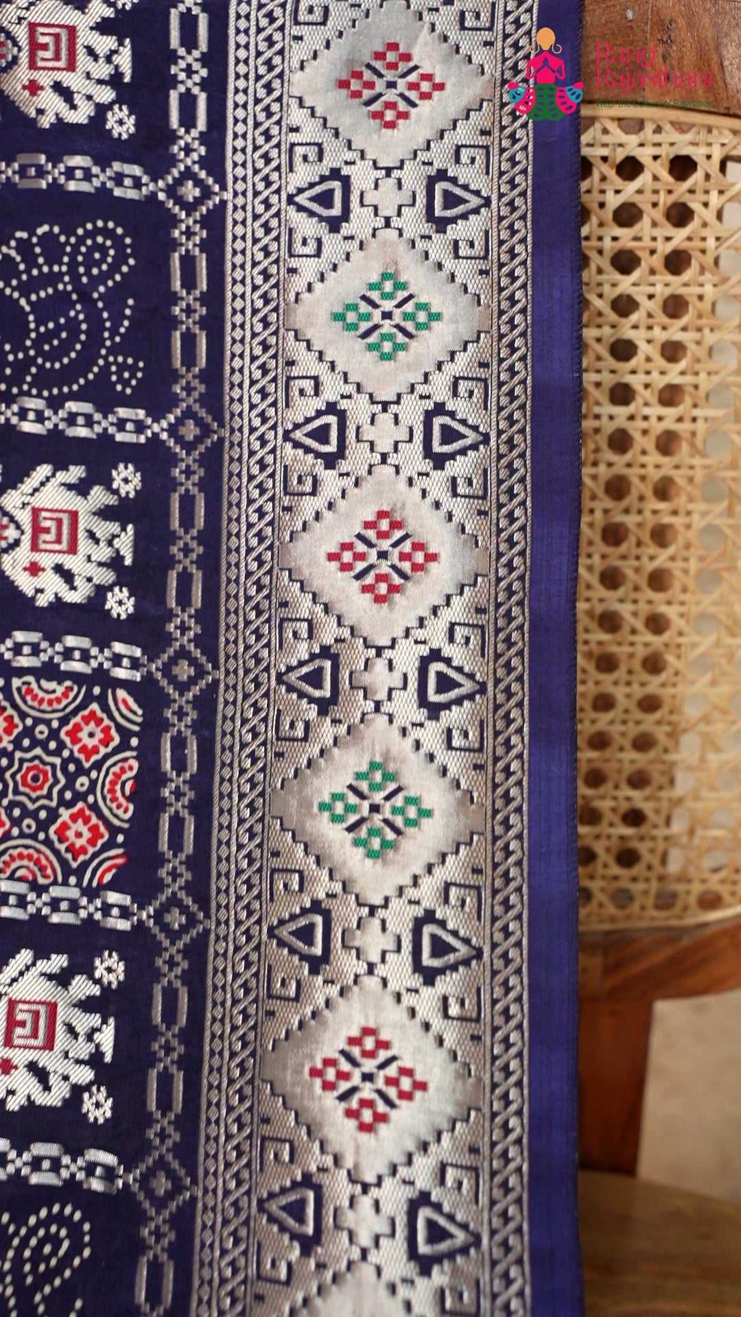 border detail of blue modal banarasi zari weave gharchola saree