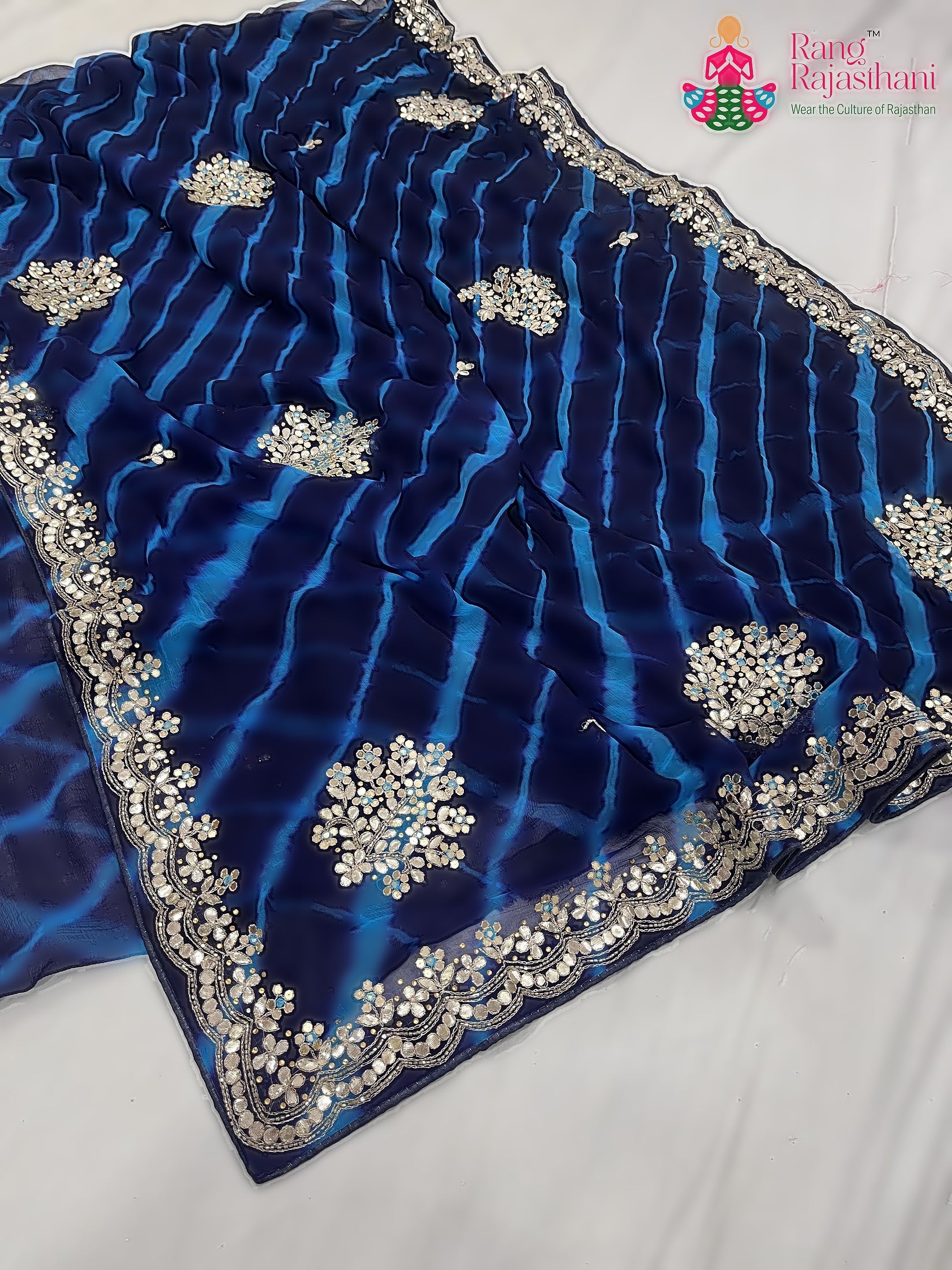 Blue Pure Chiffon Gota Patti Work Saree : Light Grace