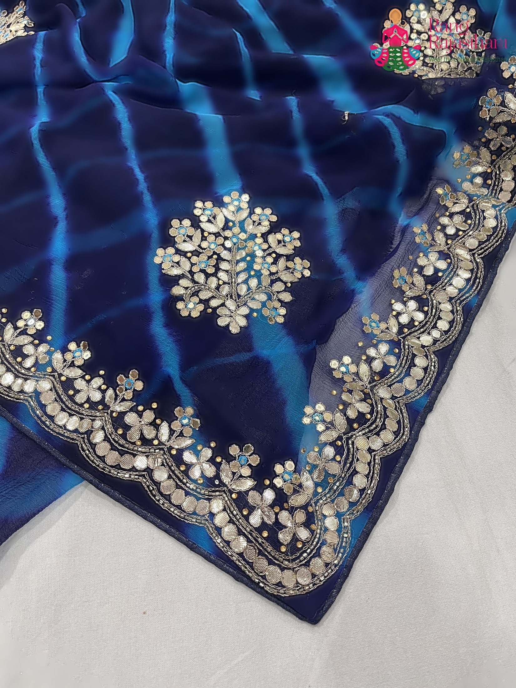 Blue Pure Chiffon Gota Patti Work Saree : Light Grace