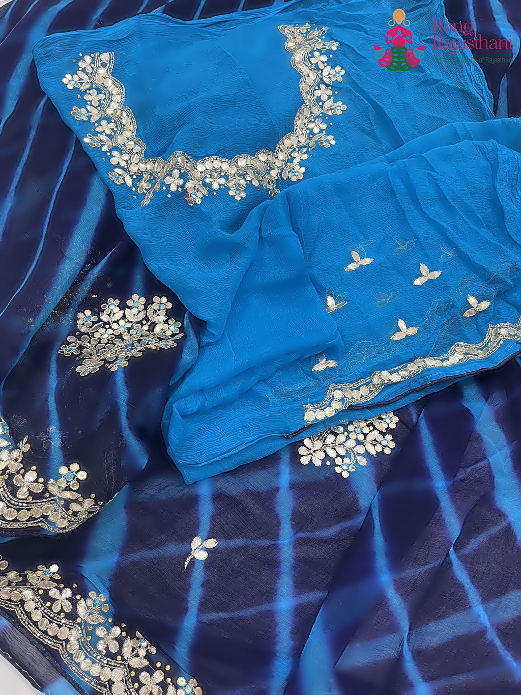 Blue Pure Chiffon Gota Patti Work Saree : Light Grace