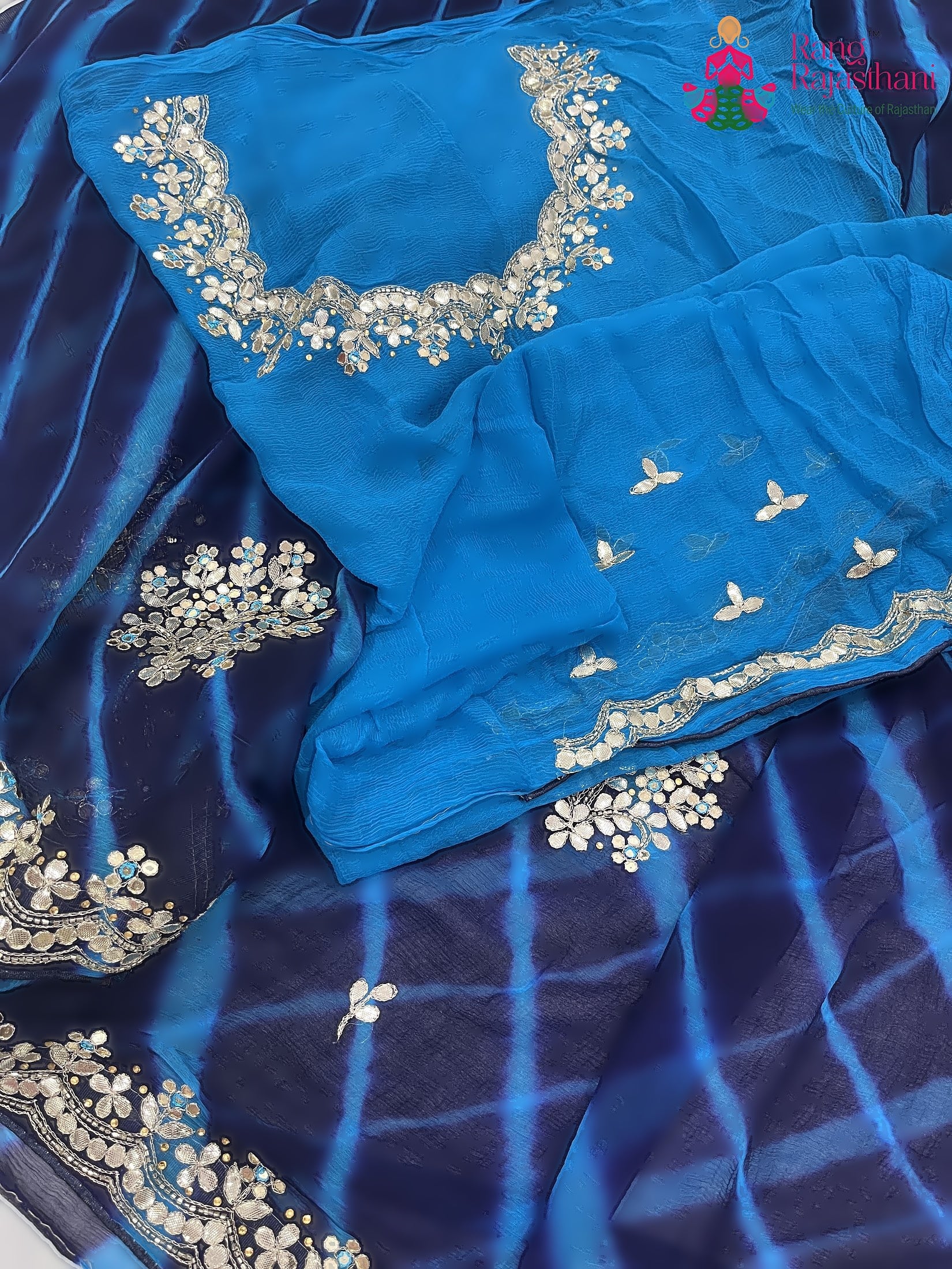 Blue Pure Chiffon Gota Patti Work Saree : Light Grace