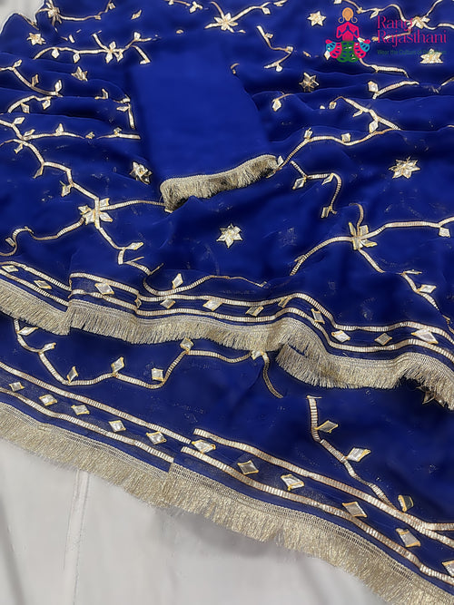 pallu detailing of blue pure chiffon gota patti saree 