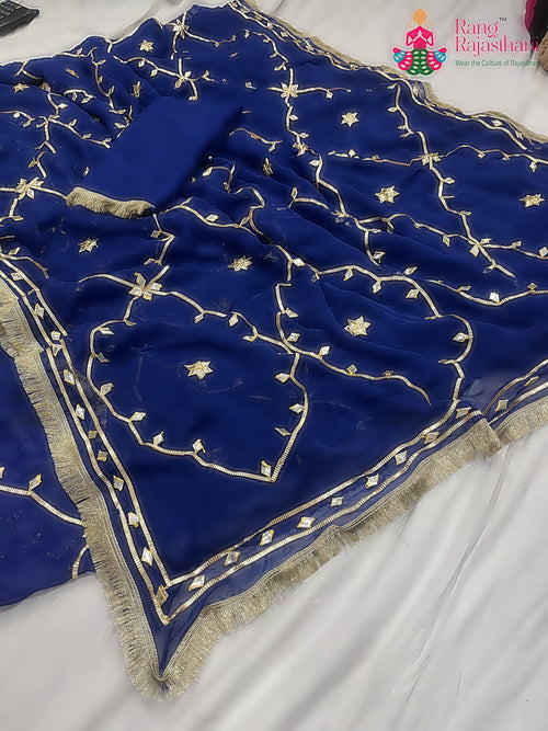 Blue Pure Chiffon Gota Patti Work Saree : Light Ease