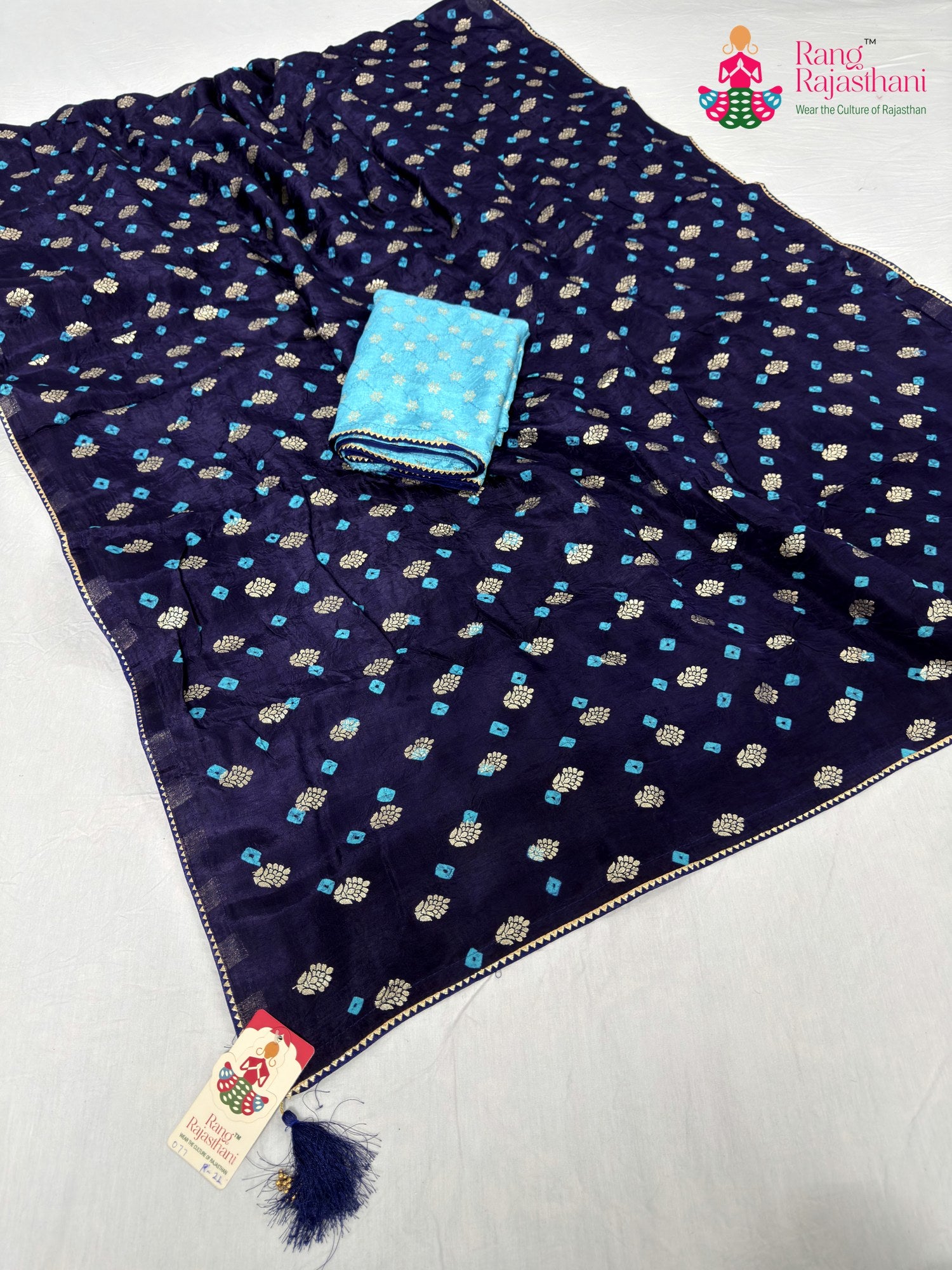 blue pure dola silk bandhani saree for raksha bandhan by Rang Rajasthani