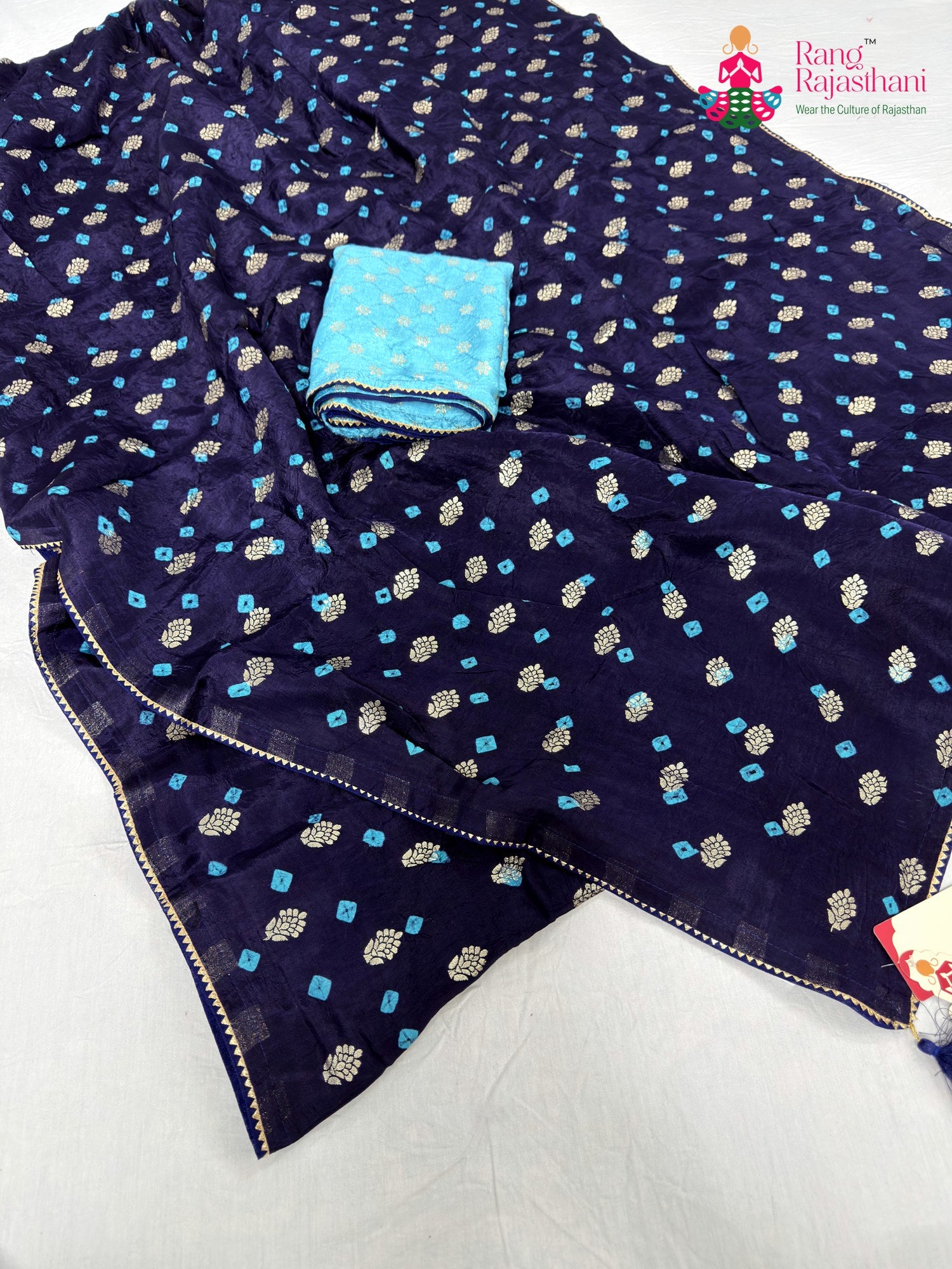 complete look of blue pure dola silk bandhani saree