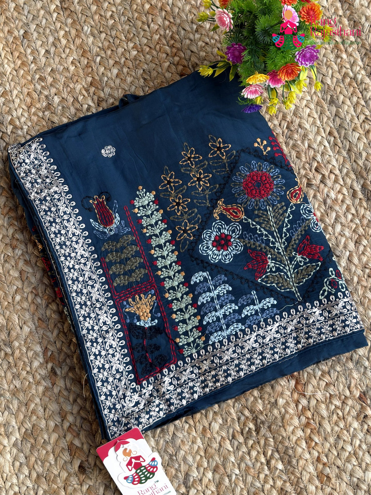 Blue Pure Ho Silk Resham Embroidery Saree for Wedding Guest | Order Online