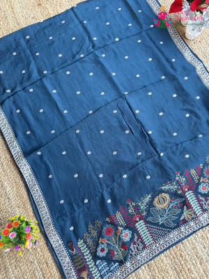 Blue Pure Ho Silk Resham Embroidery Saree for Wedding Guest | Order Online