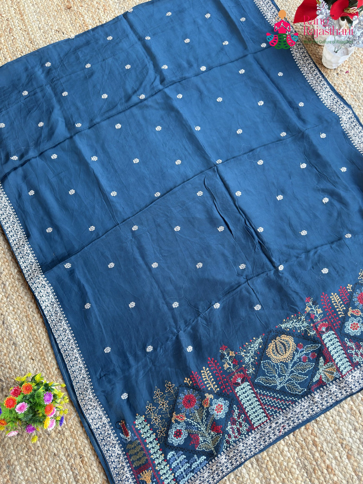 Blue Pure Ho Silk Resham Embroidery Saree for Wedding Guest | Order Online