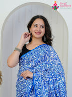 Blue Cotton saree with Printed close up detailing