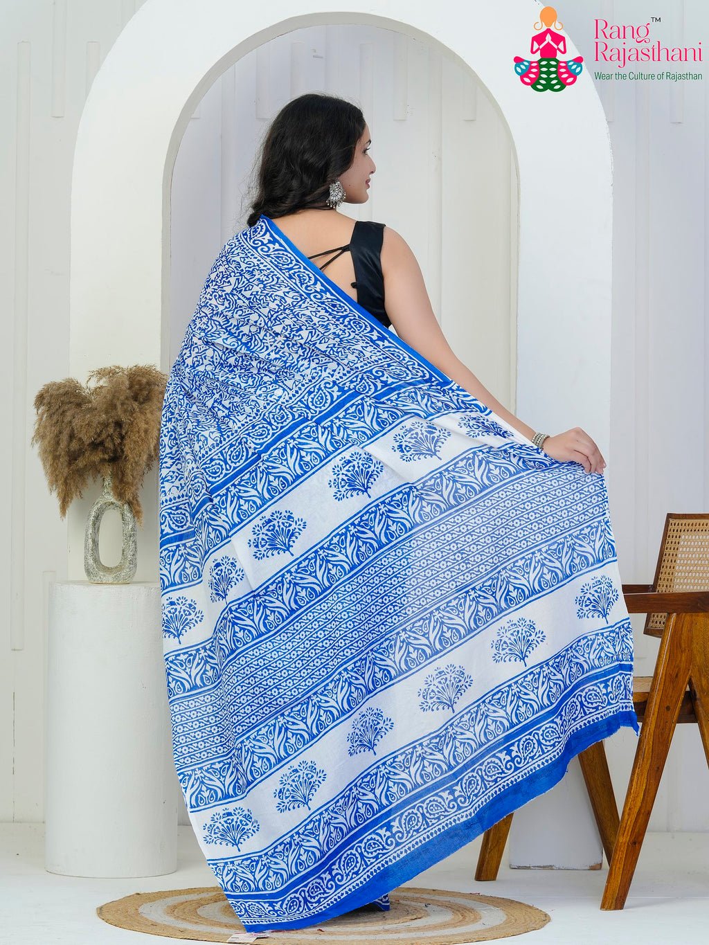 Blue Cotton saree with Printed back view