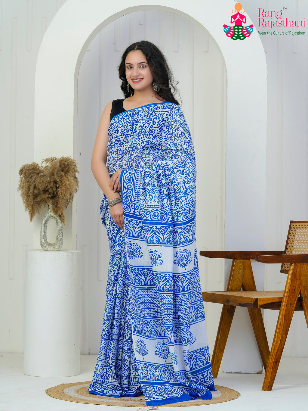 Blue Cotton saree with Printed side drape view