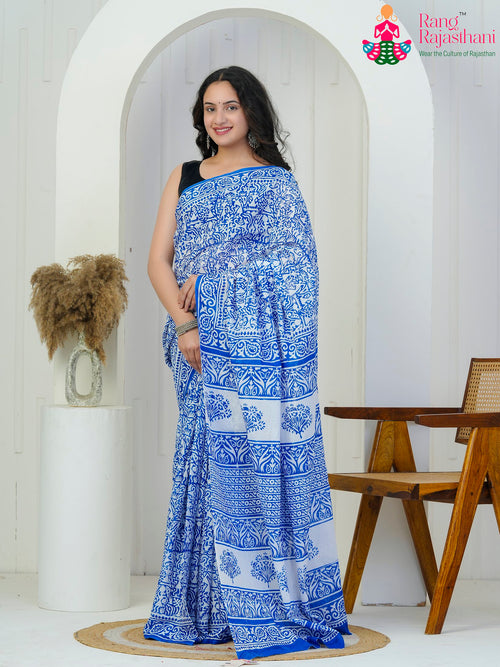 Blue Cotton saree with Printed side drape view