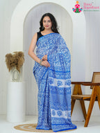 Blue Cotton office Party saree with Block Print from Rang Rajasthani