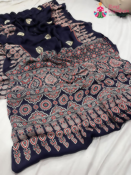 Blue Pure Modal Silk Ajarakh Print Saree : Artistic Calm main-image