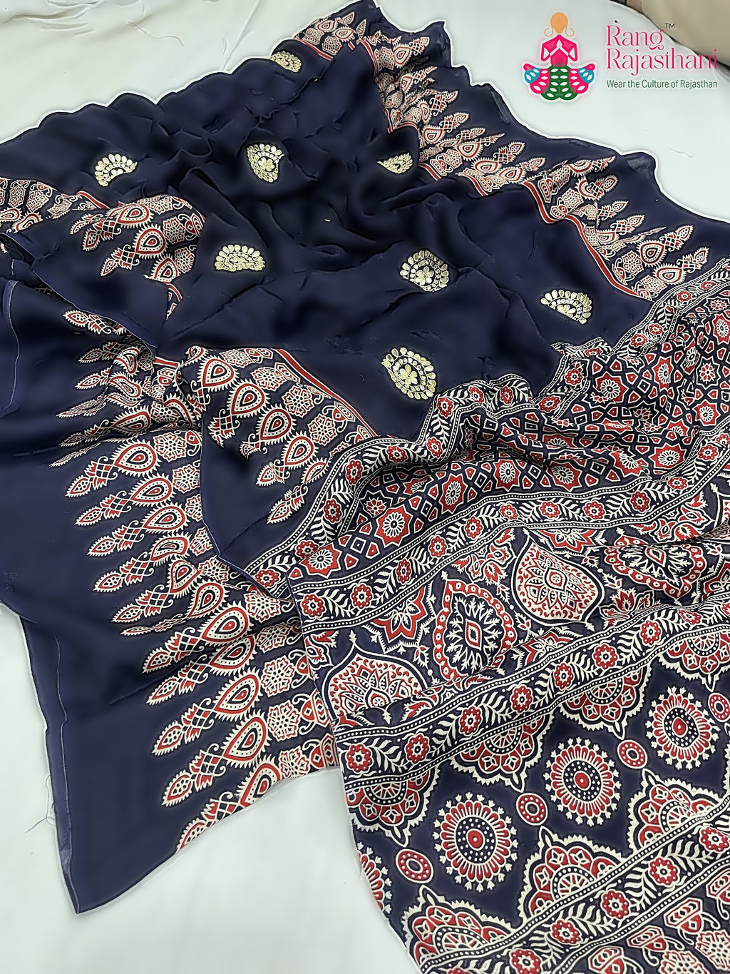 complete look of blue pure modal silk ajrakh print saree 