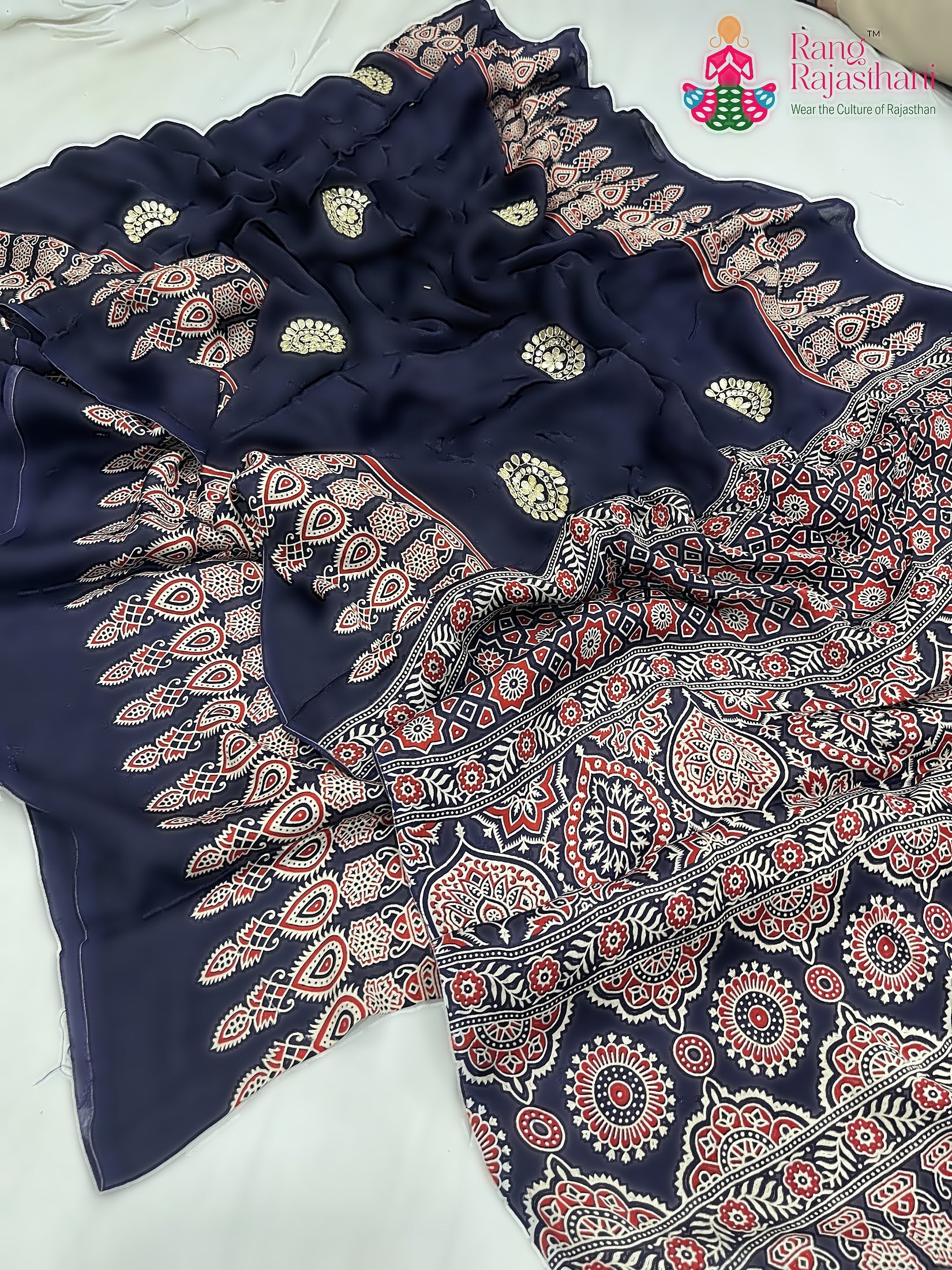 Blue Pure Modal Silk Ajarakh Print Saree : Artistic Calm