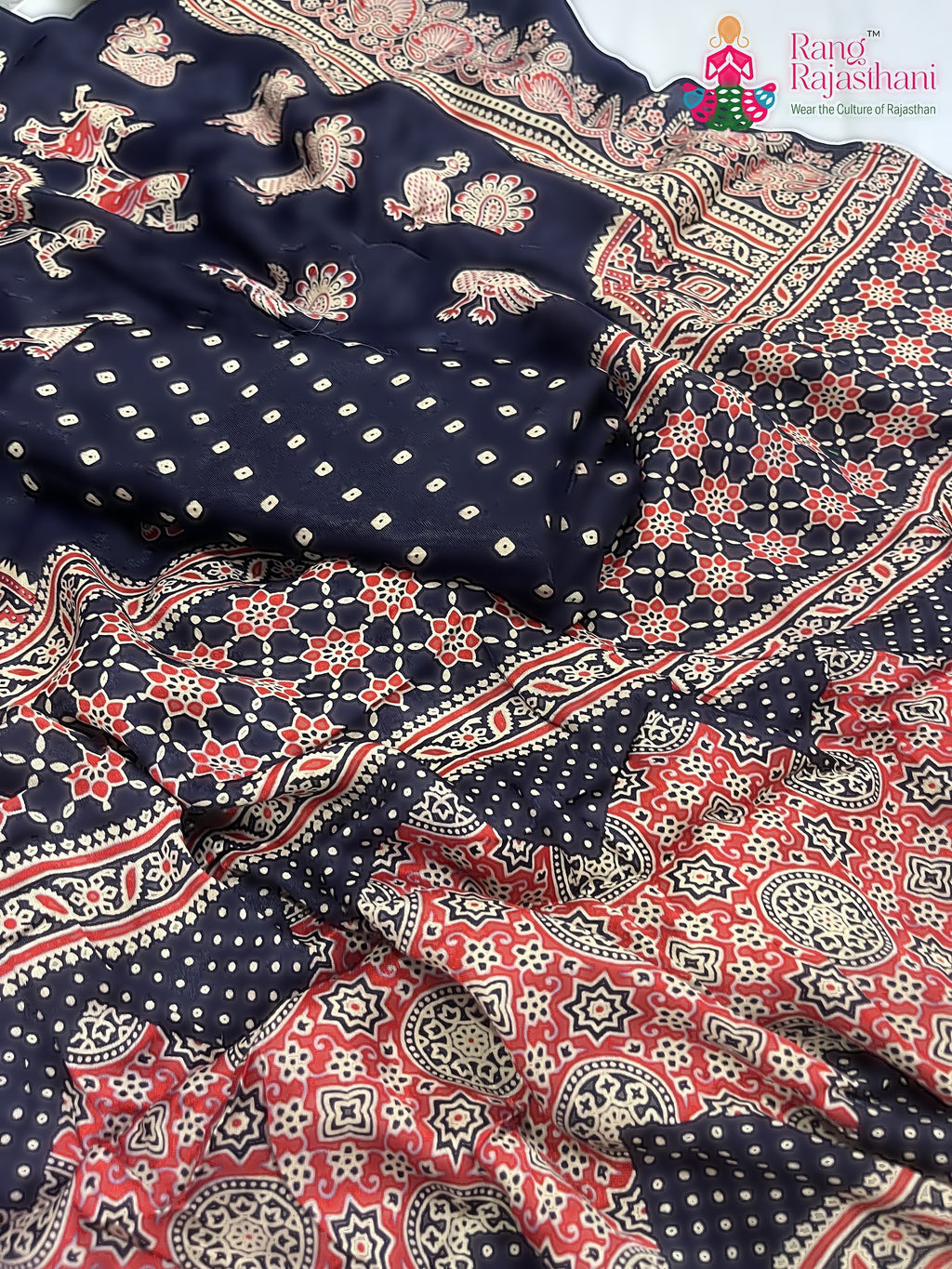 Blue Pure Modal Silk Ajarakh Print Saree : Calm Flow