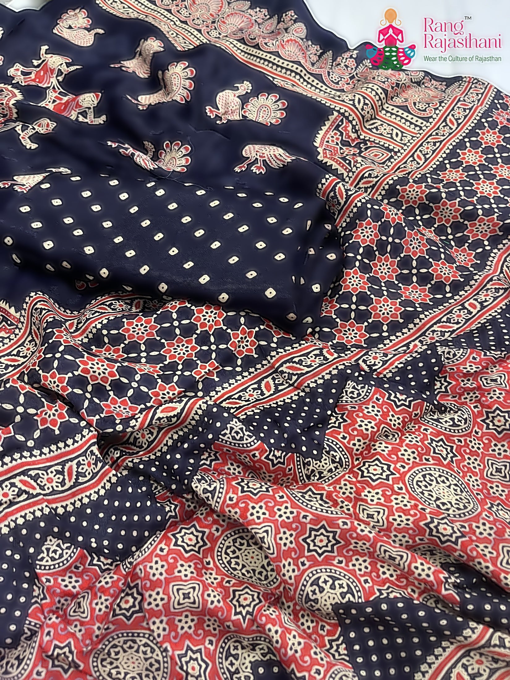 Blue Pure Modal Silk Ajarakh Print Saree : Calm Flow