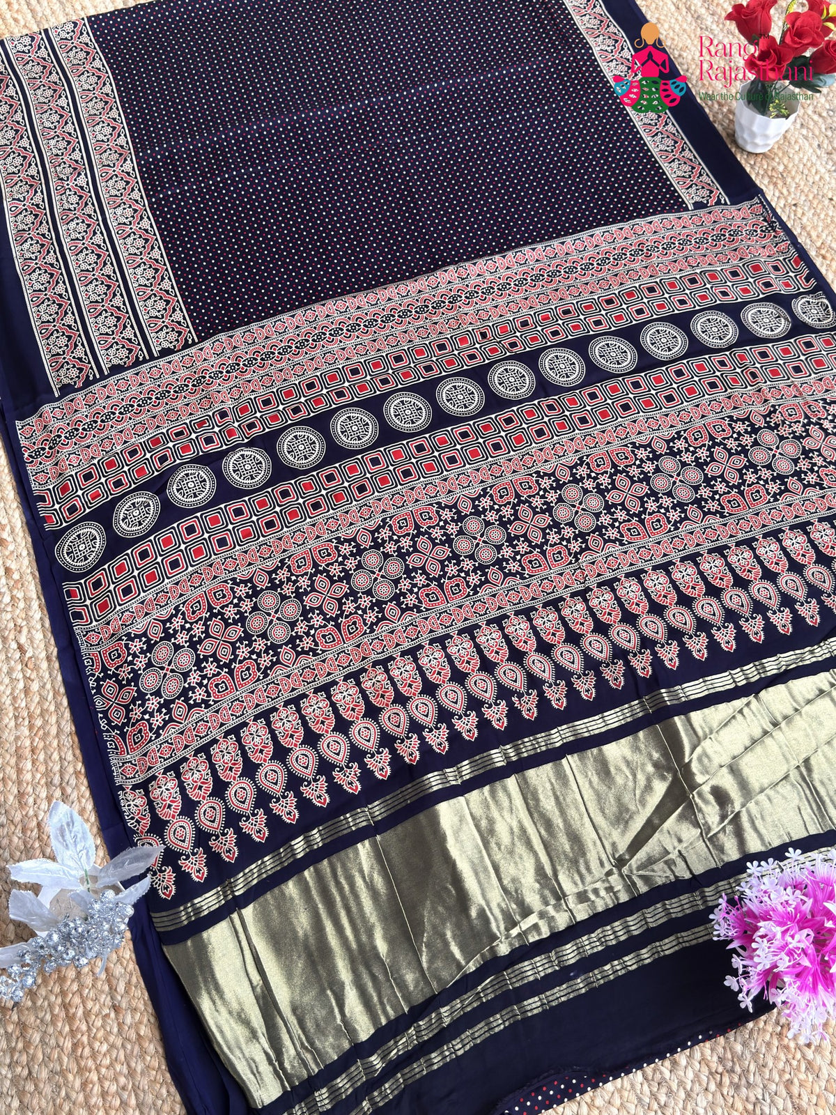 Blue Pure Modal Silk Ajrakh Print Saree for Family Occasions | Luxe Collection