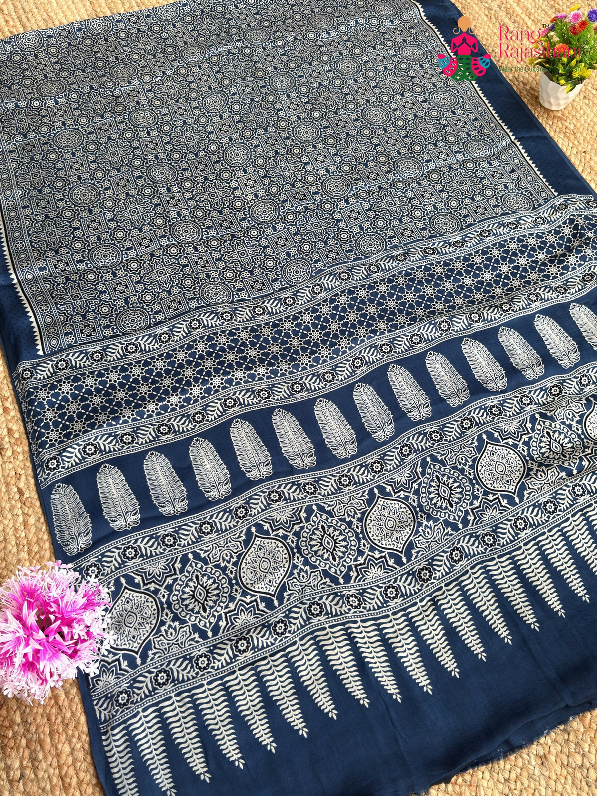 Blue Pure Modal Silk Ajrakh Print Saree for Family Occasions | Wedding Wear