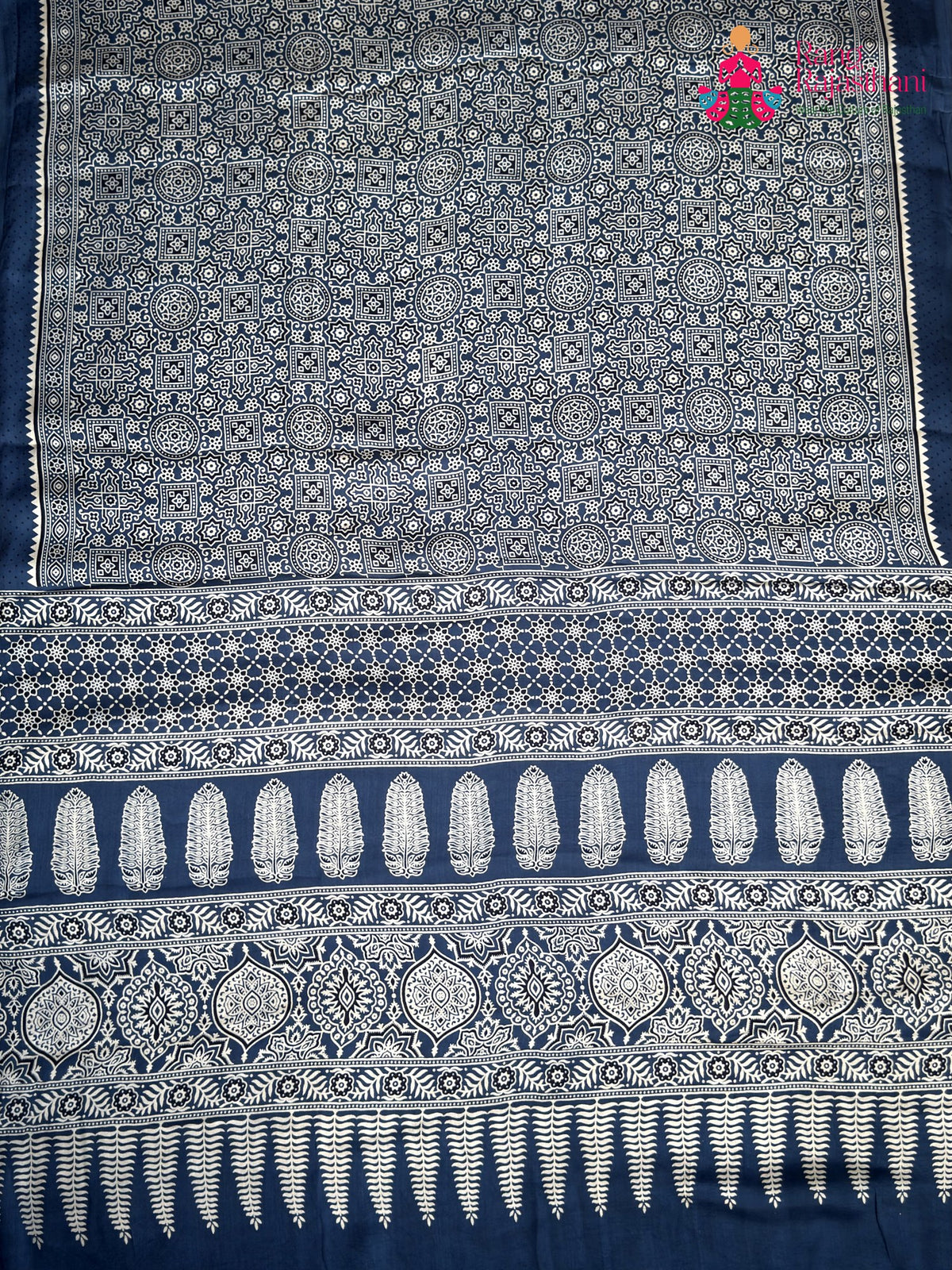 Blue Pure Modal Silk Ajrakh Print Saree for Family Occasions | Wedding Wear