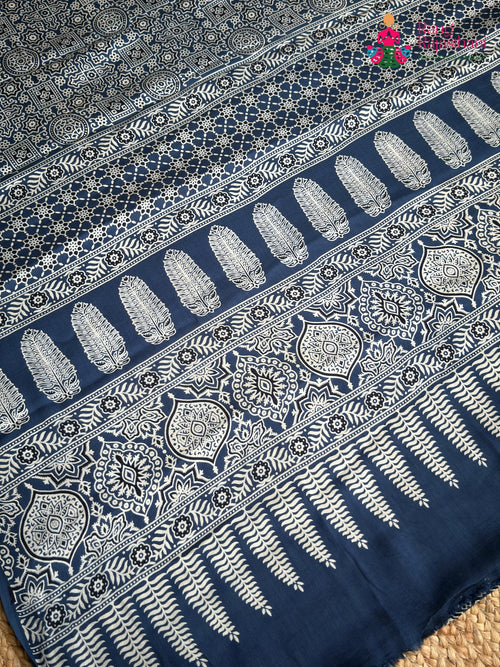 Blue Pure Modal Silk Ajrakh Print Saree for Family Occasions | Wedding Wear