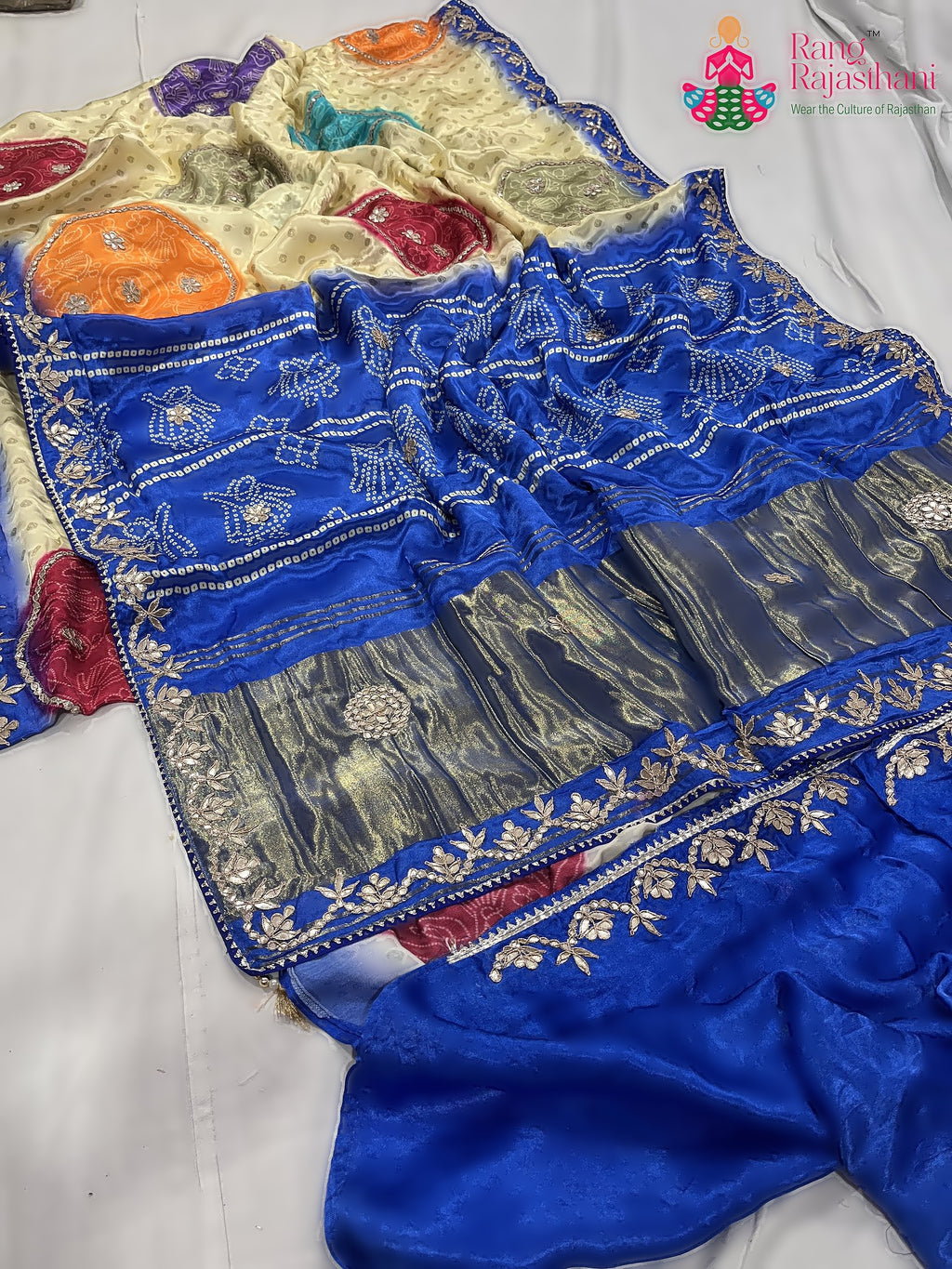 blue pure modal silk gota patti saree for mayra ceremony by Rang Rajasthani