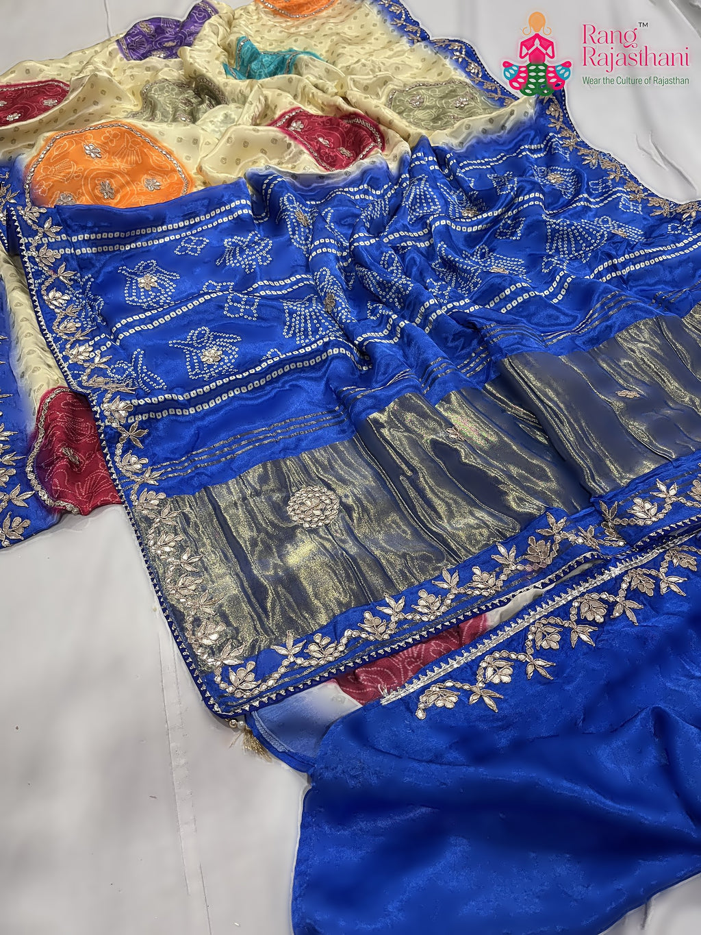 close up detailing of blue pure modal silk gota patti saree 