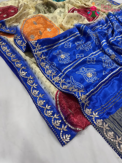 pallu detailing of blue pure modal silk gota patti saree 