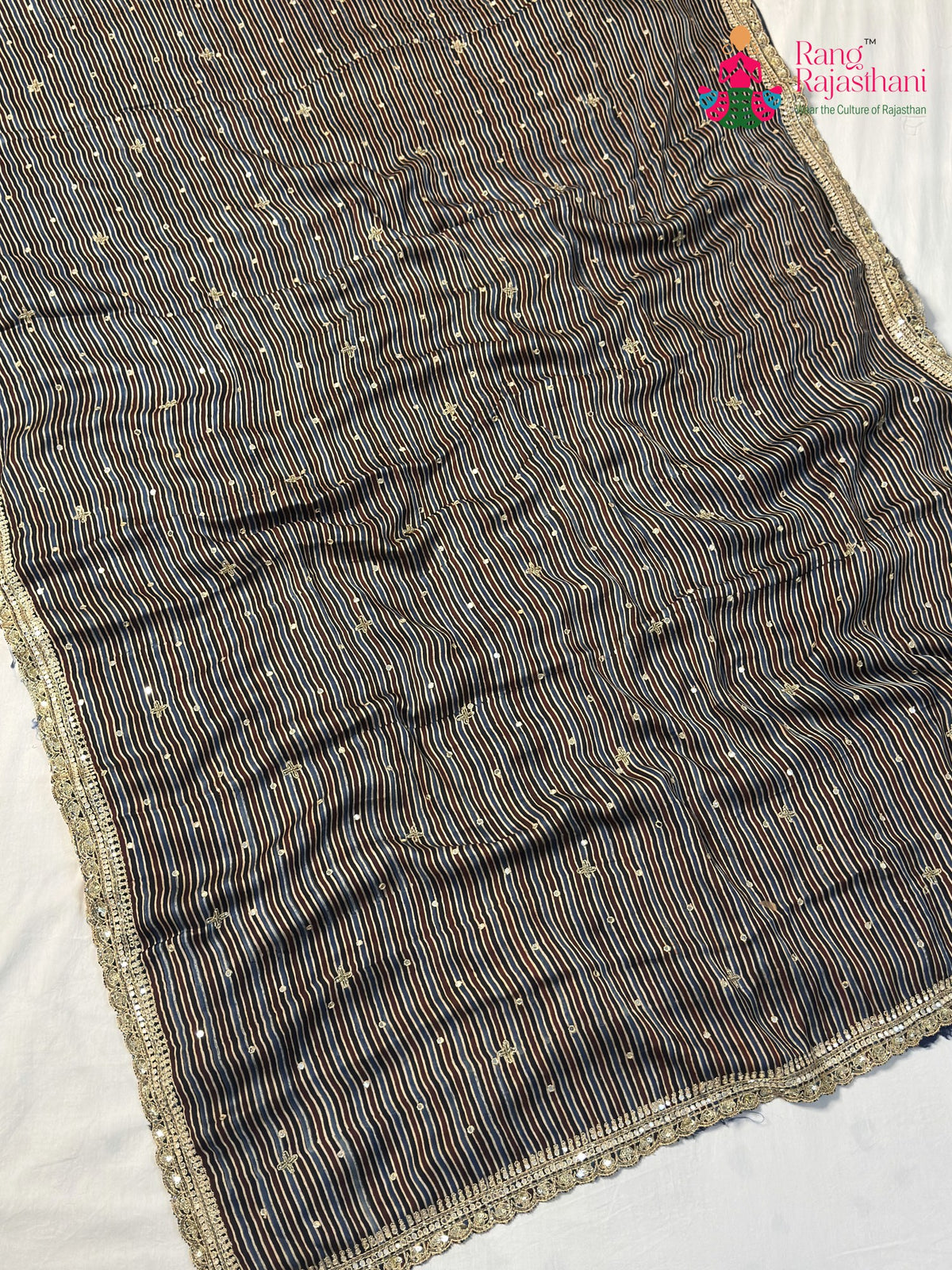 Blue Pure Modal Silk Sequin Ajrakh Print Saree for Wedding Reception | Buy Online