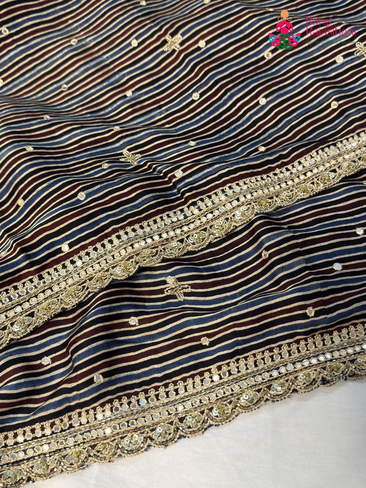 Blue Pure Modal Silk Sequin Ajrakh Print Saree for Wedding Reception | Buy Online