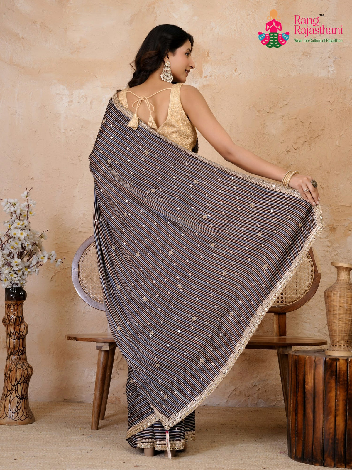 Blue Pure Modal Silk Sequin Ajrakh Print Saree for Wedding Reception | Buy Online