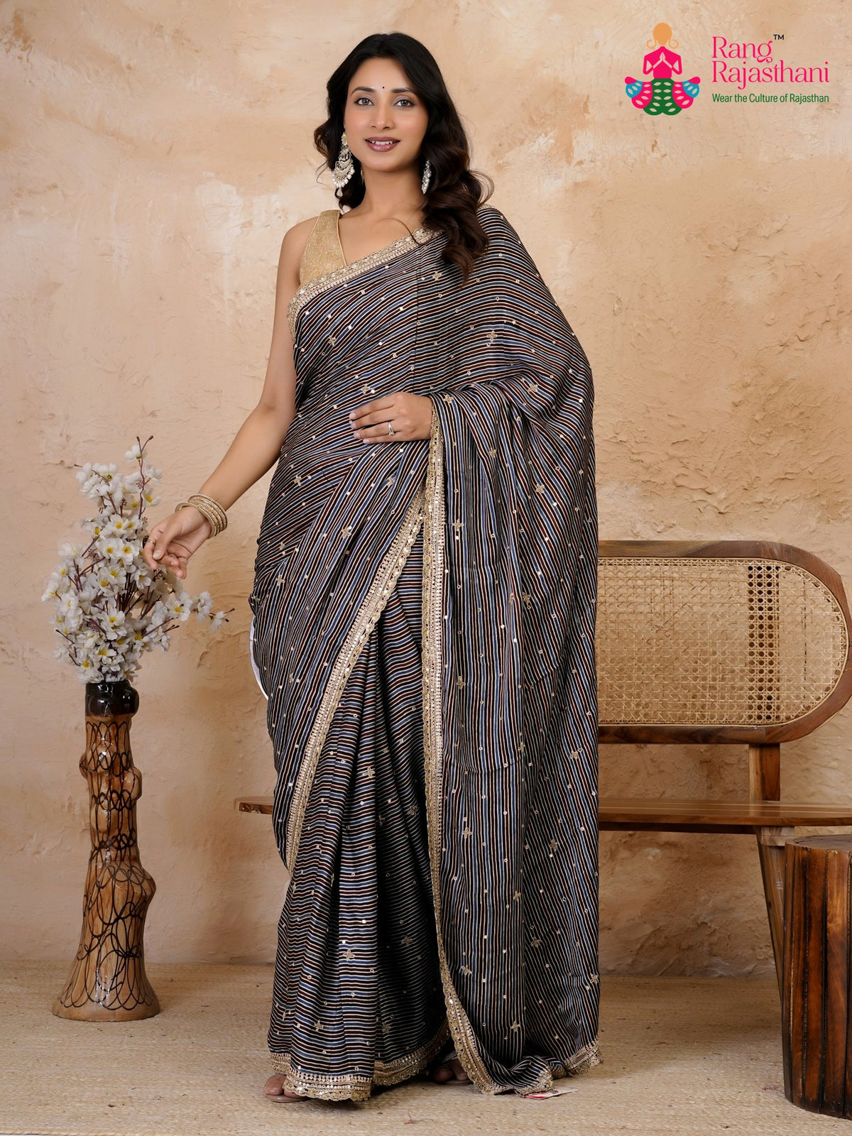 Blue Pure Modal Silk Sequin Ajrakh Print Saree for Wedding Reception | Buy Online